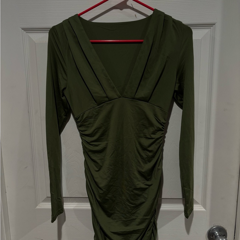 Long Sleeve Olive Green V-Neck Ruched Dress